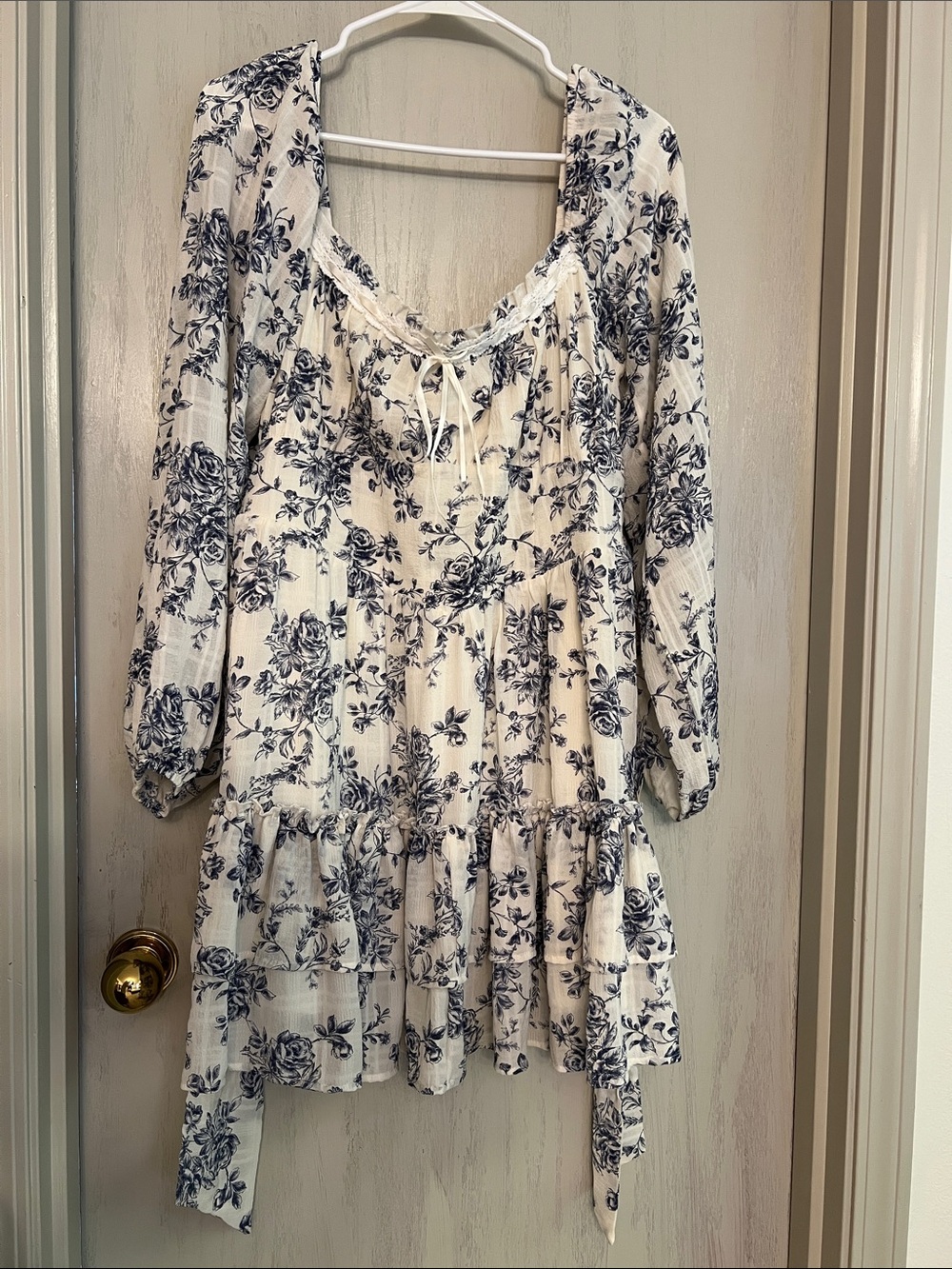 Altar'd State Cream Dress with Navy Floral Accents